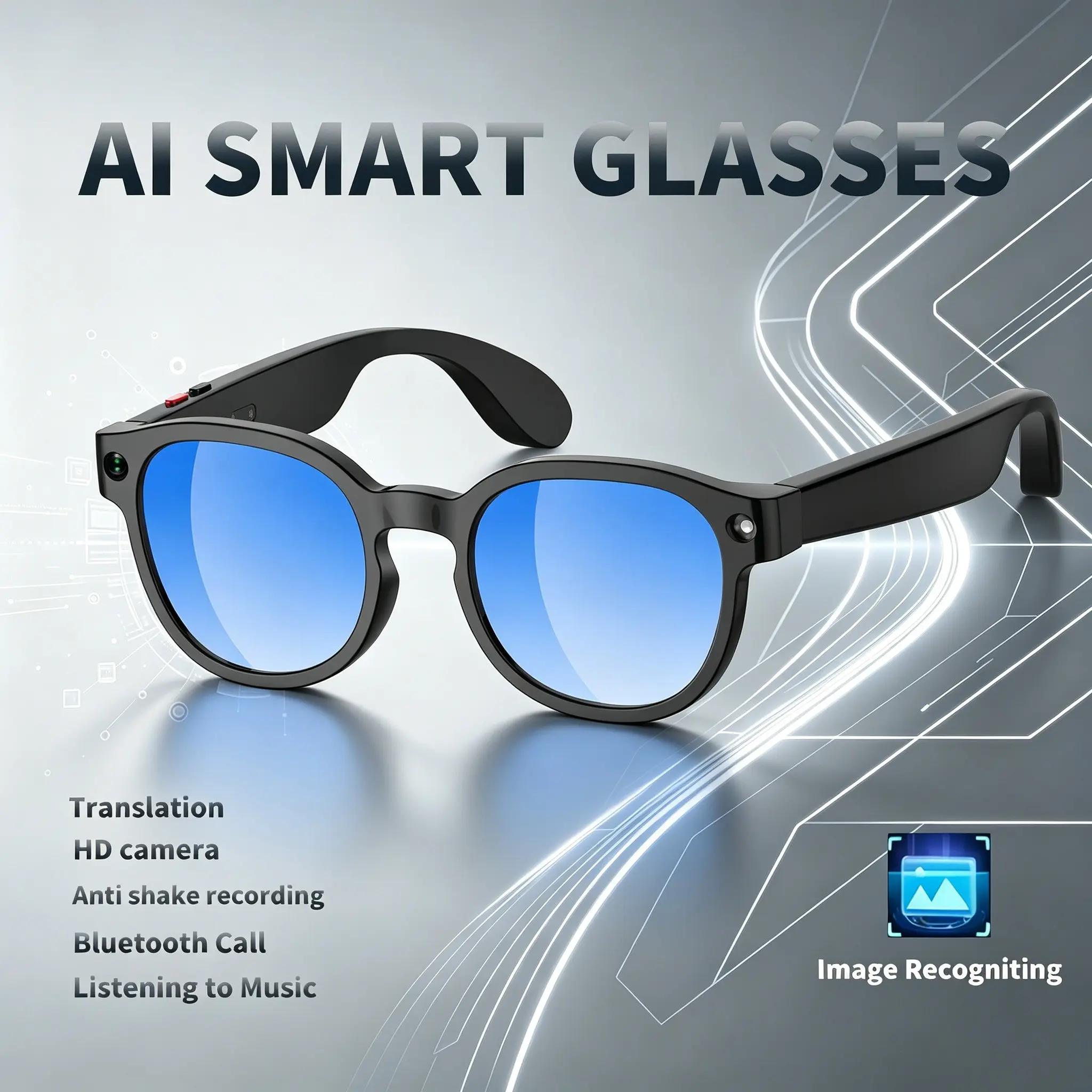 Two replacement lenses 2026 AI smart glasses, 1080P anti shake recording, Bluetooth voice call, dual microphone noise reduction support AI photo recognition and translation, sunglasses, suitable for daily travel of men and women, Ai Glasses With Camera