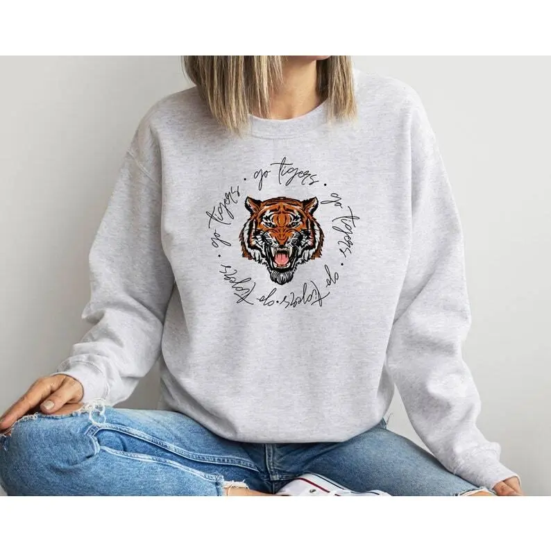 Go Tiger Sweatshirt, Game Day Sweatshirt, Team Spirit, Basketball Mom Sweatshirt, Gift for her, Women's Hoodie Tropical Jungle Crewneck Cotton