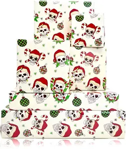 Funny Christmas Wrapping paper for Men Boys Kids- Gothic Skull with Xmas Hat Design - 6 Pcs Gothic Christmast Gift Wrap for Holiday Winter Party(19.6 X27.8Inch)