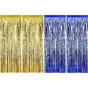 4 Pack Foil Curtains Metallic Fringe Curtains Shimmer Curtain for Birthday Wedding Party Christmas Decorations (Blue and Gold)