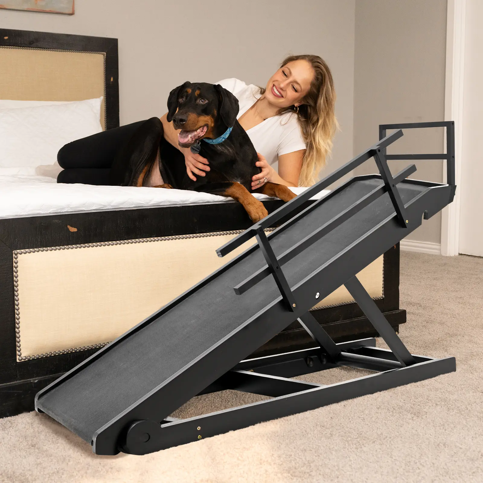 SLSY Black Wooden Dog Ramp with Adjustable Height, Pet Stair Ladder for Bed, Sofa & SUV, Non-Slip Climbing Ramp for Small Dogs, Cats & Senior Pets