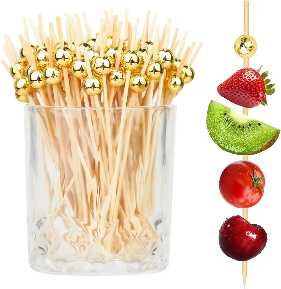 50PCS Gold Ball Cocktail Picks – Bamboo Toothpicks for Appetizers, Fruit, Party Snacks & Drinks Decoration