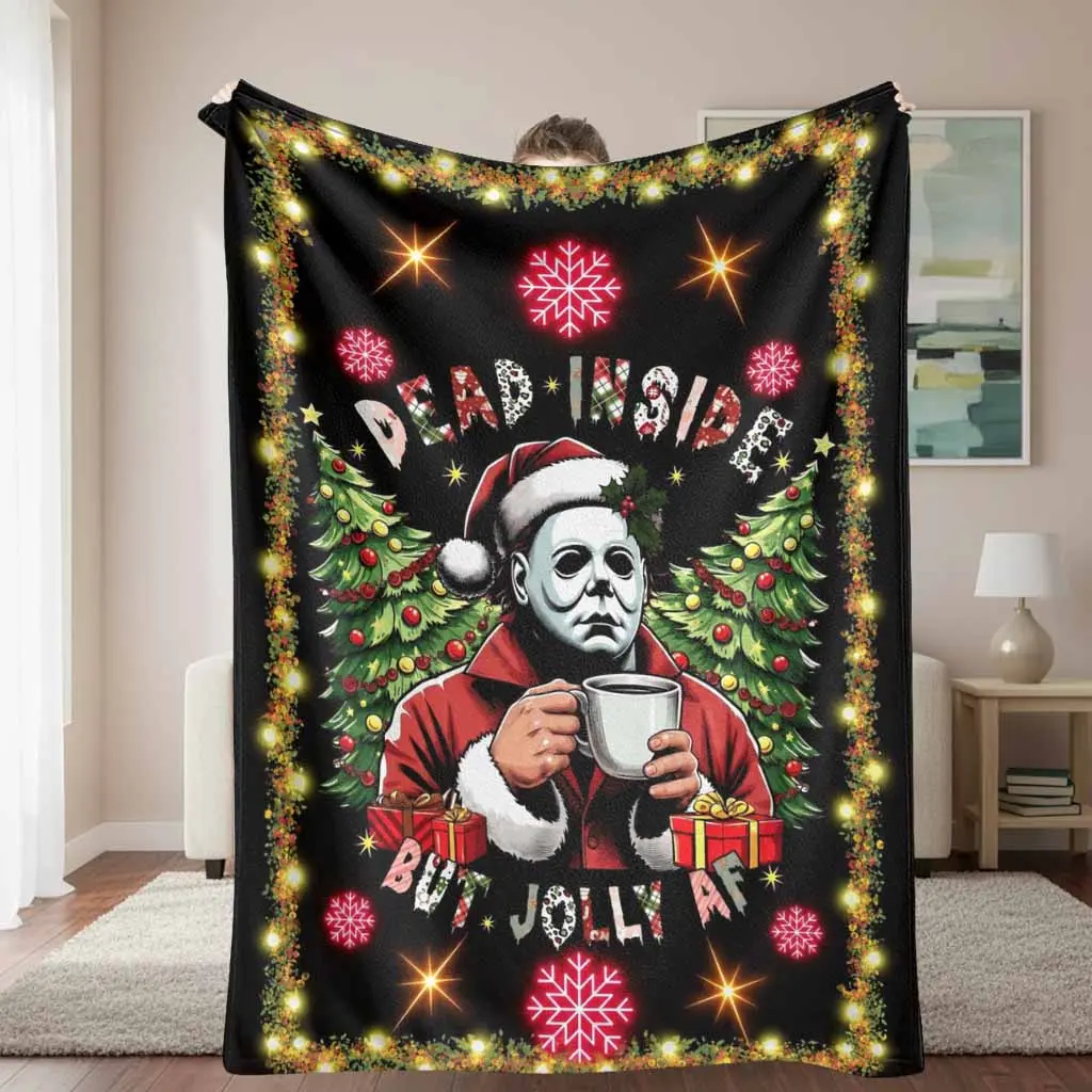 Masked Santa Flannel Blanket Dead Inside But Jolly Slogan Christmas Tree Snowflake Lights Print Cozy Soft Warm Throw for Sofa Bed Couch Holiday Party Gift Home Decor