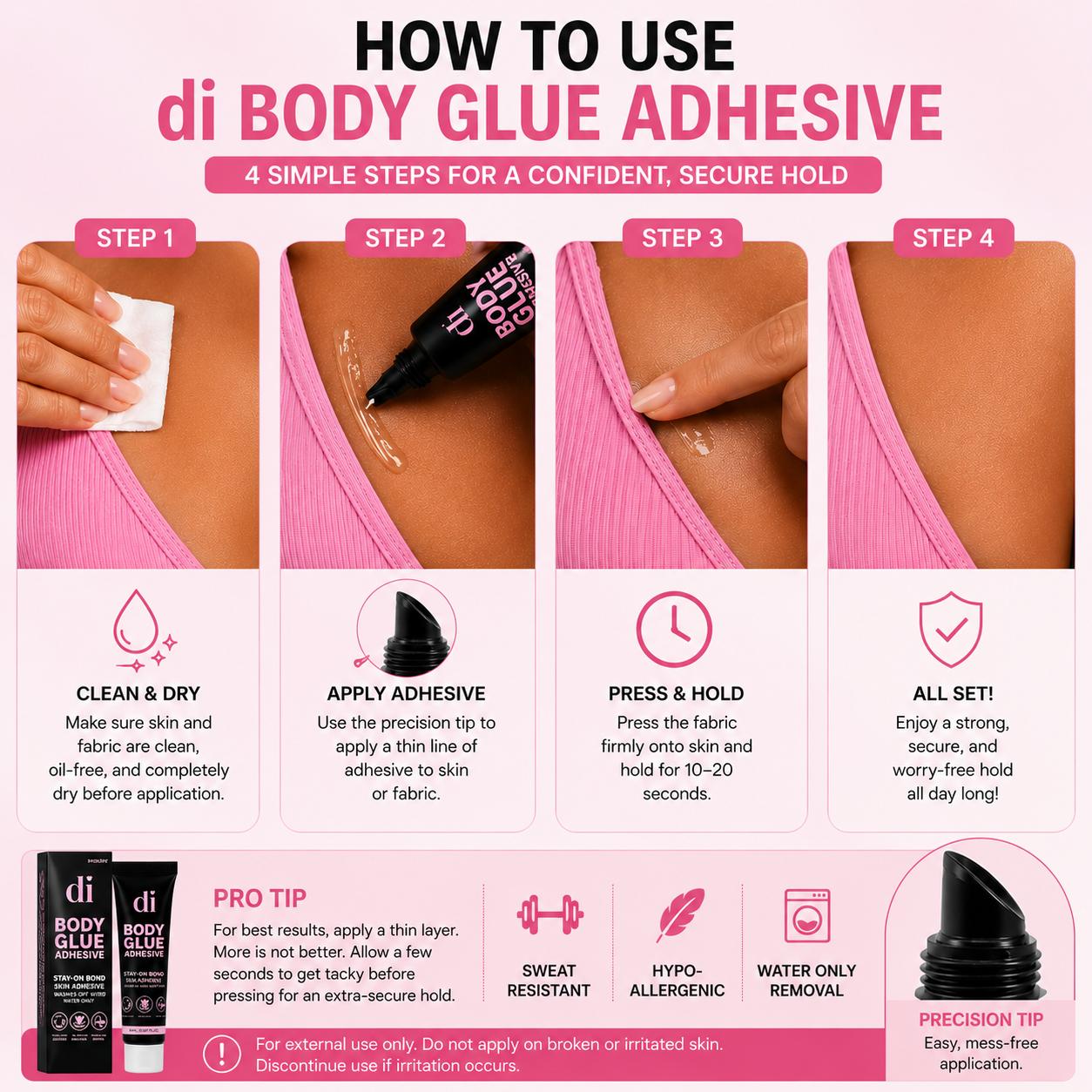 Body Glue Skin Adhesive - Invisible Waterproof Strong Hold for Strapless Dresses & Festival Wear - Sweat Resistant with Easy Removal, Compact & Portable 20ml, Aqua, Glycerin, Diglycol Crosspolymer, Fashion Emergencies, Skin-Friendly Formula, Lightweight,,
