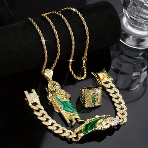 4Pcs San Judas Tadeo Jewelry Set, San Judas Pendant Necklace Bracelet Ring Set, Rhinestone Embellishment, Zinc Alloy, Street Style Jewelry for Men and Women, Holiday Gift men woman gift