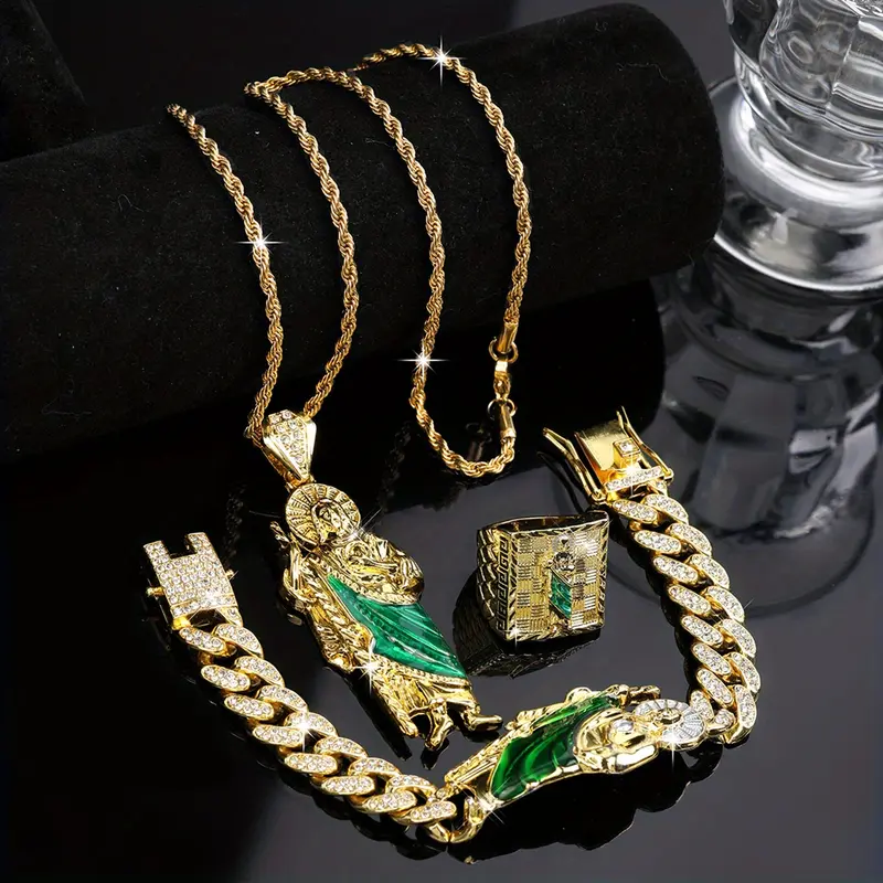 4Pcs San Judas Tadeo Jewelry Set, San Judas Pendant Necklace Bracelet Ring Set, Rhinestone Embellishment, Zinc Alloy, Street Style Jewelry for Men and Women, Holiday Gift men woman gift