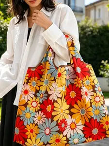Retro Colorful Daisy Print Tote Bag, Large Capacity Reusable Grocery Bag, Vintage Floral Shoulder Bag, Lightweight Polyester Tote for Women, Ideal for Shopping, Work, Beach & Daily Use