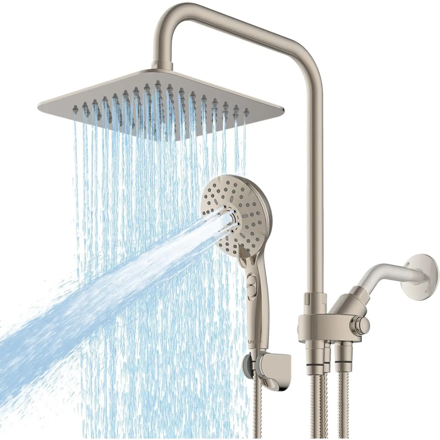 8" Dual Shower  Combo, High  Rainfall Shower  with Handheld, 6 Spray Settings Angle Adjustable Handheld Shower  with Pause, Height Adjustable, Brushed Nickel