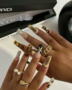 Tortoiseshell Brown Press On Nails, Gold Studded Coffin Nails, Zebra French Tips, Nude Glossy Acrylic, Handmade Luxury Nails