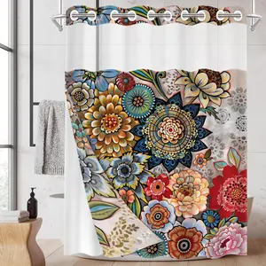 1PC 2D Flat Double Layer Shower Curtain, Boho Style Decor, Vintage Colorful Floral Mandala Print, Ethnic Design, Clear Top Window & Detachable Snap-In Liner, Waterproof & Mildew Resistant, Thick & Washable Bathroom Curtain (No Hooks Included)
