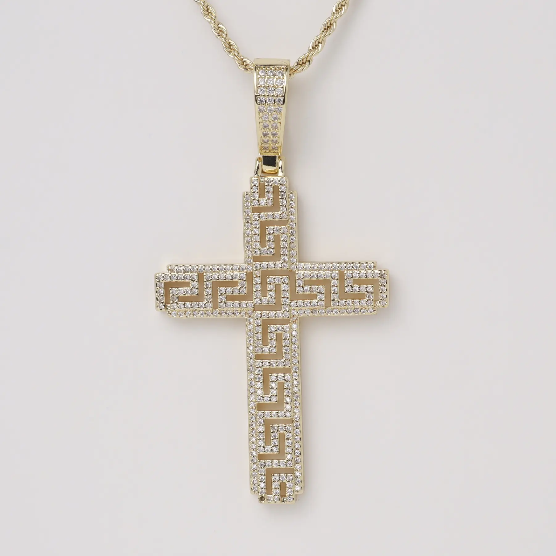 Greek Key Cross Pendant Necklace | Rope Chain | Gold & Silver