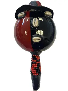 Elegua Maraca with Red and Black Beaded Handle and Shell Accents for Traditional Rhythms