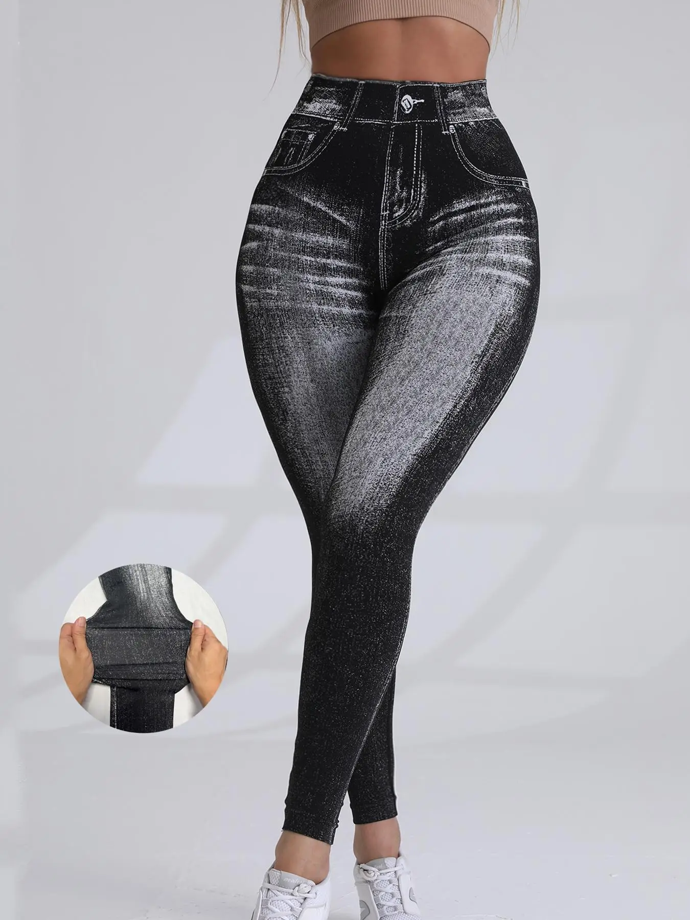 Women's Denim-effect Print High Waist Sports Leggings, Casual Sporty Comfy Breathable Skinny Pants for Yoga Gym Workout Running, Women Sport & Outdoor