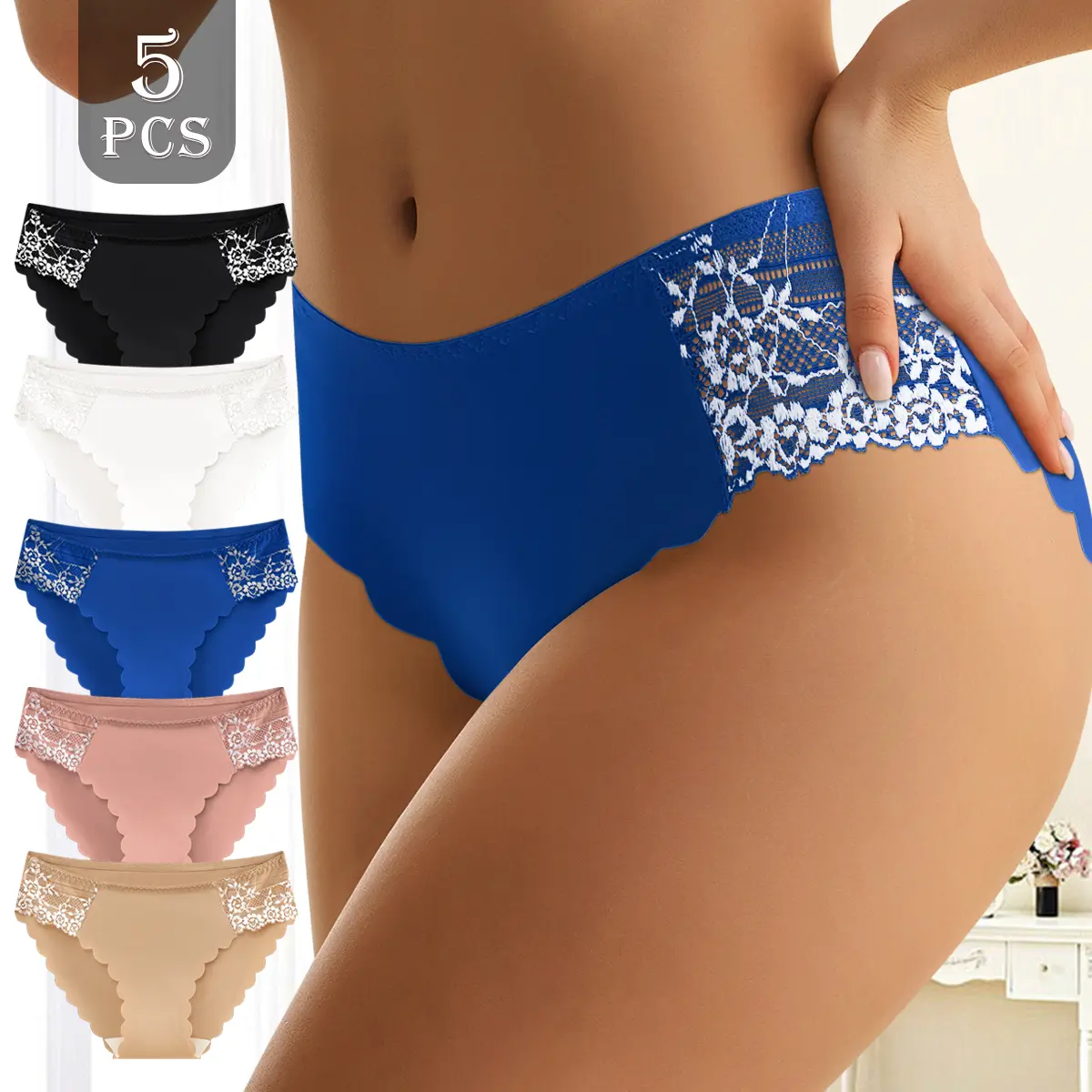 QUASTI 5PCS Women's Mid-waisted Seamless Panties, Colorblock Lace Skin-Friendly Breathable Elegant Sexy Bikini Briefs, Soft Comfortable Invisible Under Tight Dresses Underwear, S-XXL