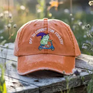 Off to Commit Tom Foolery Hat, Funny Embroidered Frog Cap, Washed Orange Whimsical Gift, Scooter Wizard Frog Dad Hat