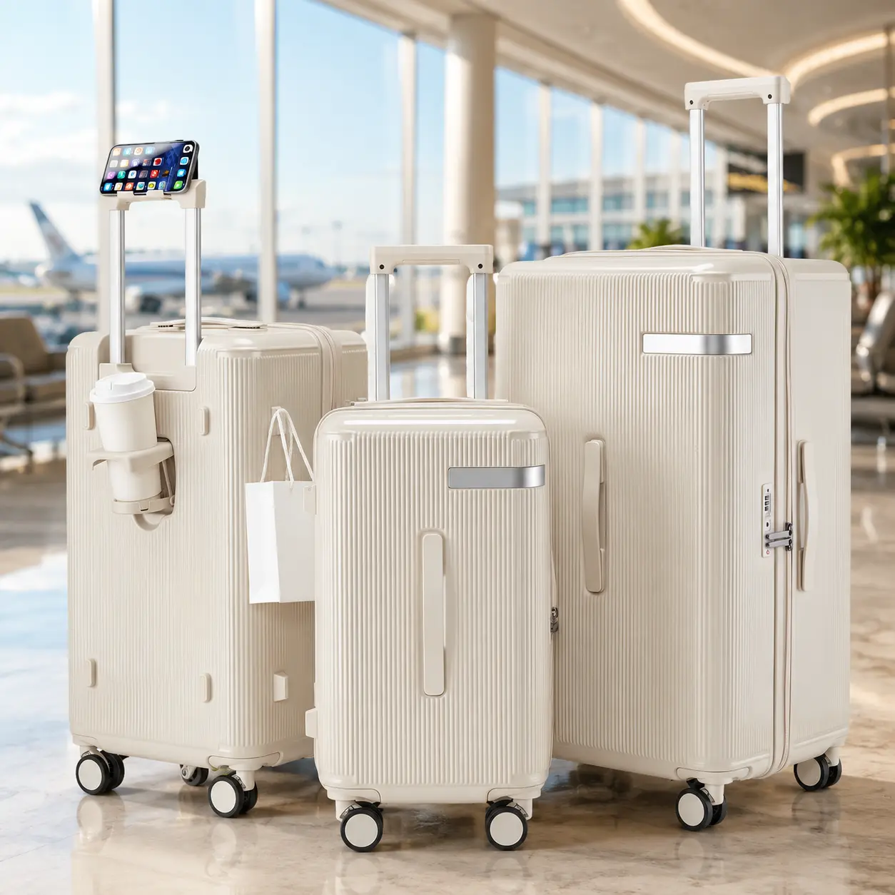 【Back To School 】3 Piece Luggage Set, Hardside Suitcase Set with 20 24 28 Inch Carry On and Checked Luggage, Combination Lock, Phone Holder, Cup Holder, Side Hook,back to school shopping