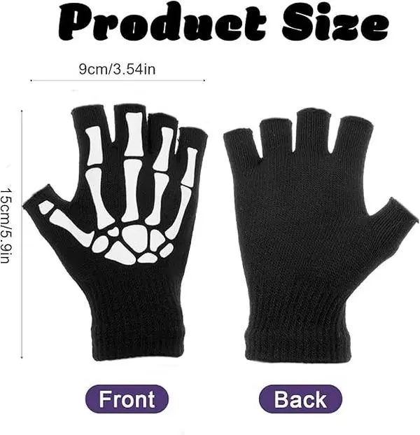 Skeleton Pattern Half Finger Gloves Glow in The Dark Skeleton Fingerless Gloves - Elastic Knitted Hand Warmer for Men & Women, Gothic Skull Design, Halloween Cosplay Costume Accessory, Emo Style Unisex Adult Gloves fbgloves