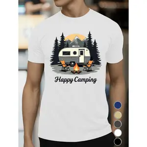 Men's Vintage Camper and Happy Camping Graphic TShirt Black Short Sleeve Summer Top featuring Campfire RV and Pine Trees Design Casual Round Neck Tee for Outdoor Enthusiasts Camping Shirts