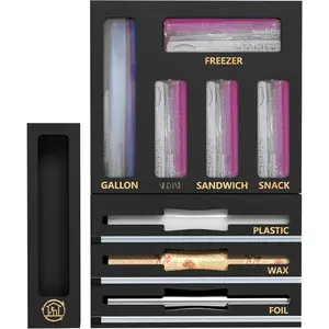 9 IN1 Bamboo Storage Bag Drawer Organizer with Cutter, Foil and Plastic Wrap Dispenser for Kitchen Storage Compatible with All Brands Gallon, Quart, Sandwich & Snack Size Bags - Black