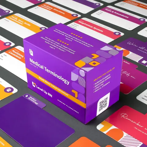 Level Up RN Medical Terminology & Abbreviations Learning Flash Cards Set - 5 Sections, Common Examples, Memory Tricks, Textbook Supplement for Healthcare Students with Helpful & Silly Memory Ways, Hundreds of Hints to Build Medical Terminology Foundation