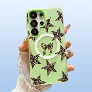 Leopard Print Stars and Bows Pattern Phone Case For Samsung Galaxy S26 Ultra S25 Plus S24 FE S23 S22 Luxury Candy Color 2-in-1 Shockproof Magnetic Smartphone Case Matte Soft Cellphone Casing Cover