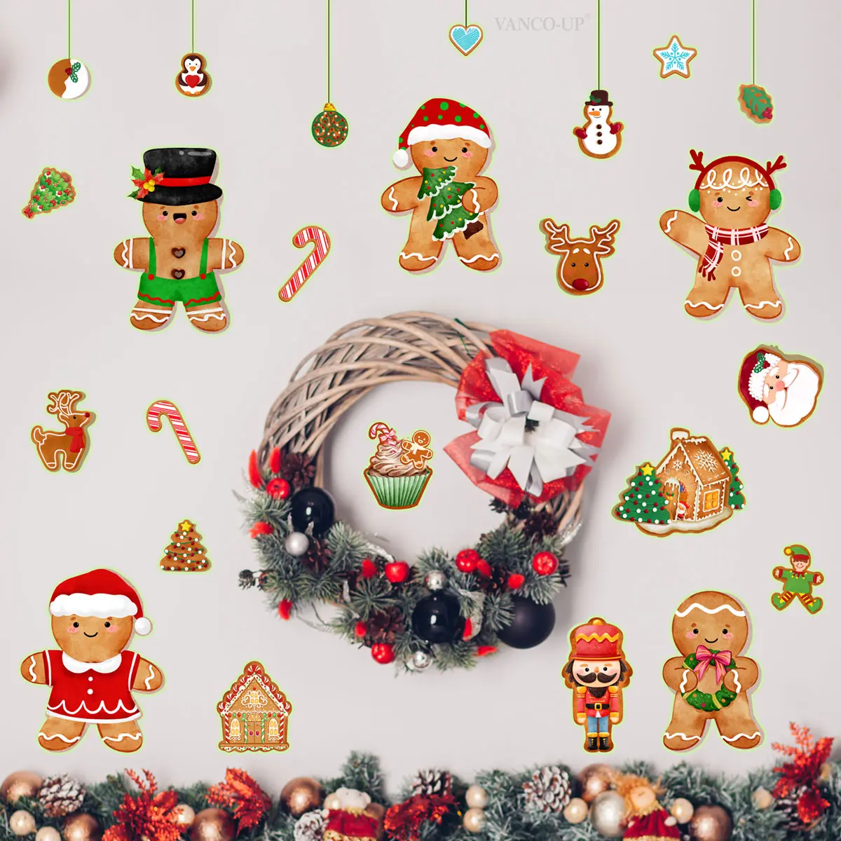 Set of 3 Hand-Drawn Gingerbread Man Christmas Glow Wall Stickers, 20x30cm, Perfect for Living Room & Bedroom Decor
