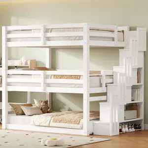 Full Size Triple Bunk Bed with Storage Staircase,Separate Design, Solid Wood Bunk Bed Frame