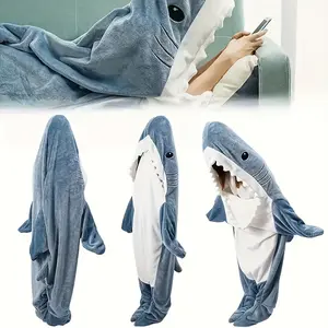 1pc Shark Pattern Adult Blanket With Hoodie Shark Blanket Cartoon Animal Blanket Cute And Interesting Blue Shark Flannel Hoodie Wearable Blanket Sofa Bed Car Camping Blanket Gift
