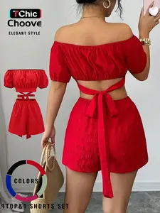 Summer Women's Off-Shoulder Matching Crop Top & Shorts Set, Back Tie Design, Stylish Casual, Perfect for Warm Weather, Comfortable and Trendy