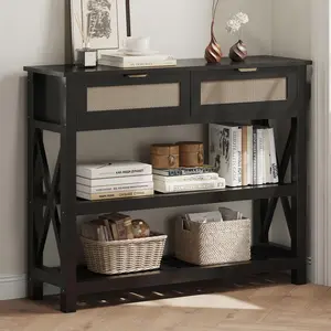 Console Table with 2 Rattan Drawers, Wooden Entryway Table with 3-Tier Storage Shelves, Display Shelf for Entryway, Hallway, Foyer and Living Room, Black