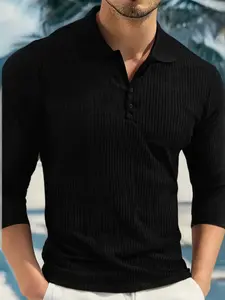 Men's Elastic Vertical Striped Long Sleeve Polo Shirt, Breathable Knit Fabric, Moisture-Wicking, Sports and Casual Wear, menswear, top, Ideal for Running and Training