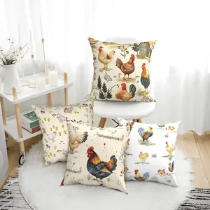 4 Pcs Animal Throw Pillow Covers "Country Farmhouse Chicken Pattern Farm Animal Chicken" Decorative Square Cushion Covers, 18x18 Inch, for Sofa Bedroom Outdoor