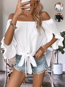 Women's Casual Off-Shoulder Ruffle Bell Sleeve Shirt Blouse, Elegant Tie-up Hem Loose Top, Stylish and Comfortable, Perfect for Daily Wear