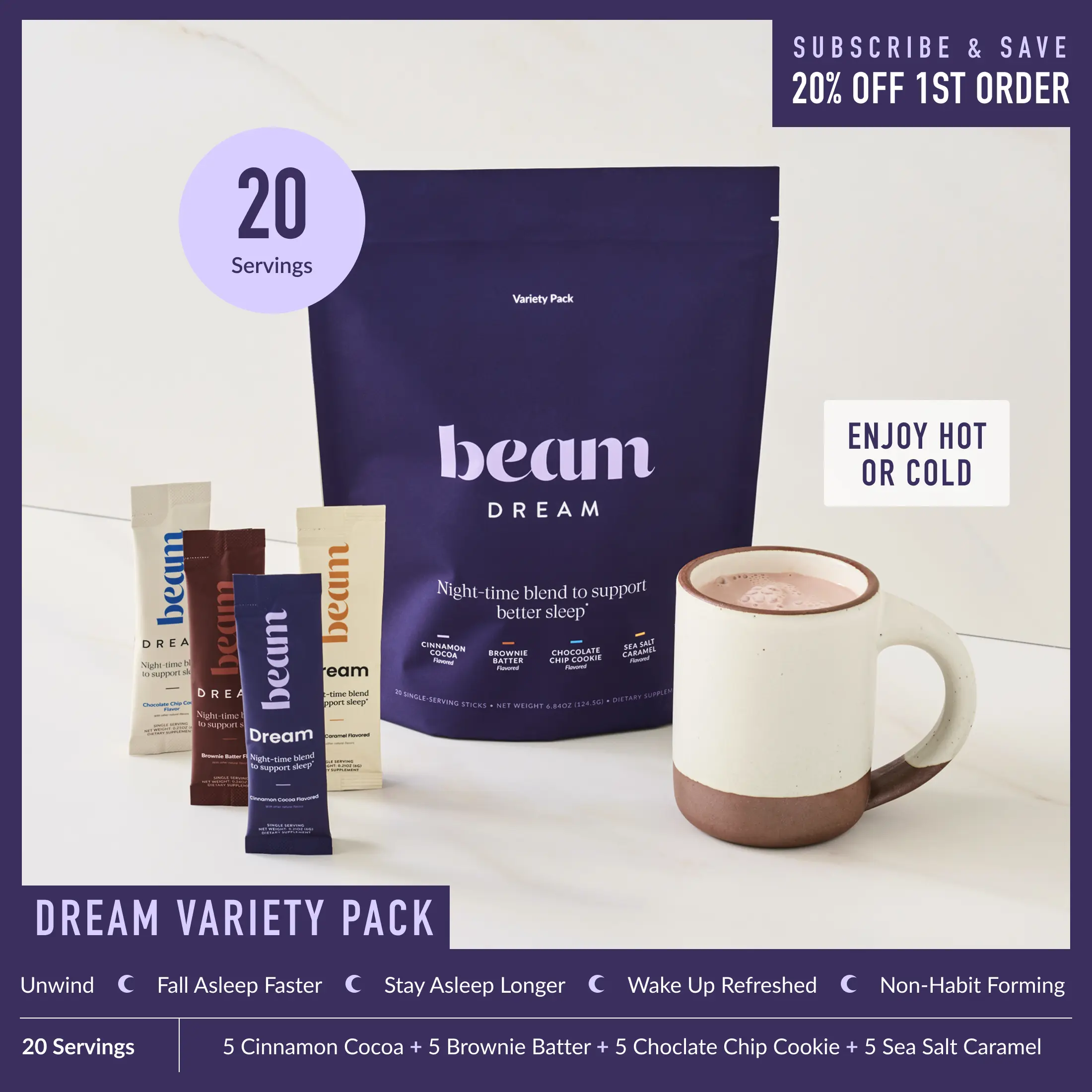 Beam Dream Nighttime Hot Cocoa Variety Pack - 20 Sticks Dietary Nutrition Supplement, Deep Sleep Aid with Melatonin, L-Theanine, Magnesium, 4 Flavors (Including Cinnamon), Dairy Free, Non Toxic, Functional Mushrooms, No Added Sugar | Back to school