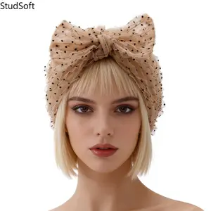 Polka Dot Tulle Bow Headwrap, Women's Beige Mesh Turban, Stretchy Hair Scarf for Daily Wear & Chemo Headwear