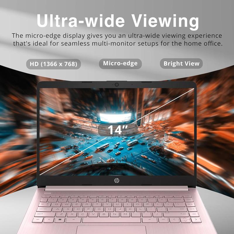 HP Premium 14" Stream HD Laptop, Intel Celeron N4120 CPU, Up to 16GB RAM, 64GB eMMC, Webcam, UHD Graphics, Bluetooth, WiFi, HDMI, 1 Year Office 365, Win 11s, Pink