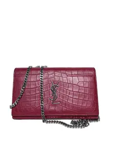 Pre-owned Yves Saint Laurent Leather Shoulder Bags Saint Laurent YSL Monogram Kate Tassel Chain Crossbody Clutch Fluo Pink Croc Embossed JXYSL3
