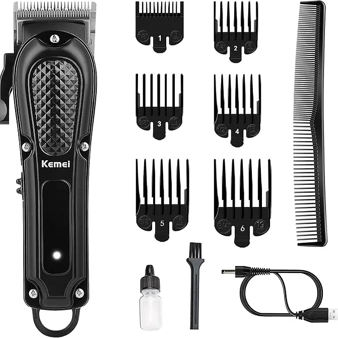 KEMEI Men's Professional Barber Equipment Hair Trimmer Kit - Cord & Cordless Rechargeable, Fast-Charging, Long Lasting, 0.5-2 mm Adjustable Settings, Metal Blades, USB Cable, Multiple Guards, Home Trim Tool, Trimming Brush Included