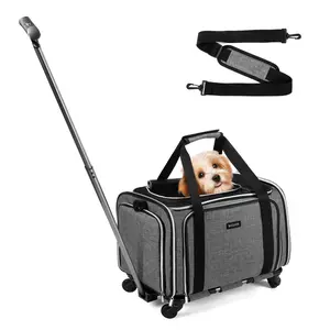 Wheeled pet Backpack Baby pet travel bag with breathable gauze mesh retractable rod, airline approved pet transport bag