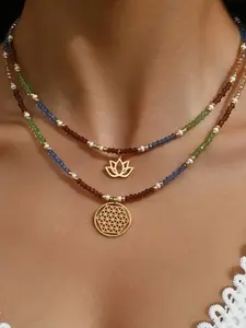 Two pendant necklaces, Bohemian artificial crystal bead lotus pendant double-layer necklace, ideal for beach vacations, music festivals and daily wear, suitable for party and festival jewelry, layered chain accessory, Jewelry Set