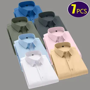 Men's business solid color long-sleeved shirts 7 pcs, men's formal professional tooling shirts, front lapel button-down shirts, suitable for office business trips, daily leisure, parties