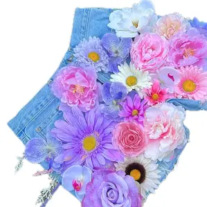 Flower Shorts - Featuring a vibrant array of colorful flowers on a denim background Cute Everyday Fashion Bottoms