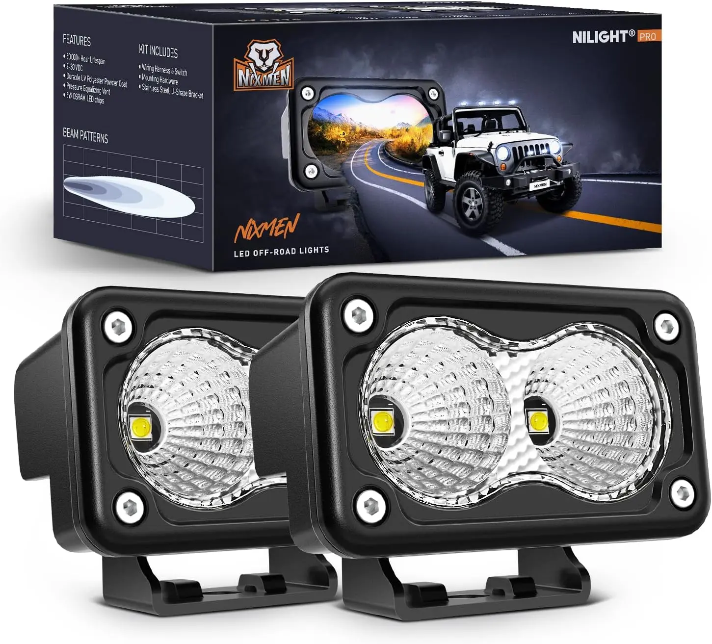 Nilight Adjustable Motorcycle LED Flood Lights - 2PCS 3-in-1 OSRAM LED Units, 1160LM Waterproof Mountable Offroad Fog Lights with Built-in EMC, Motorcycle Parts for Boat & Ship, Led Lights