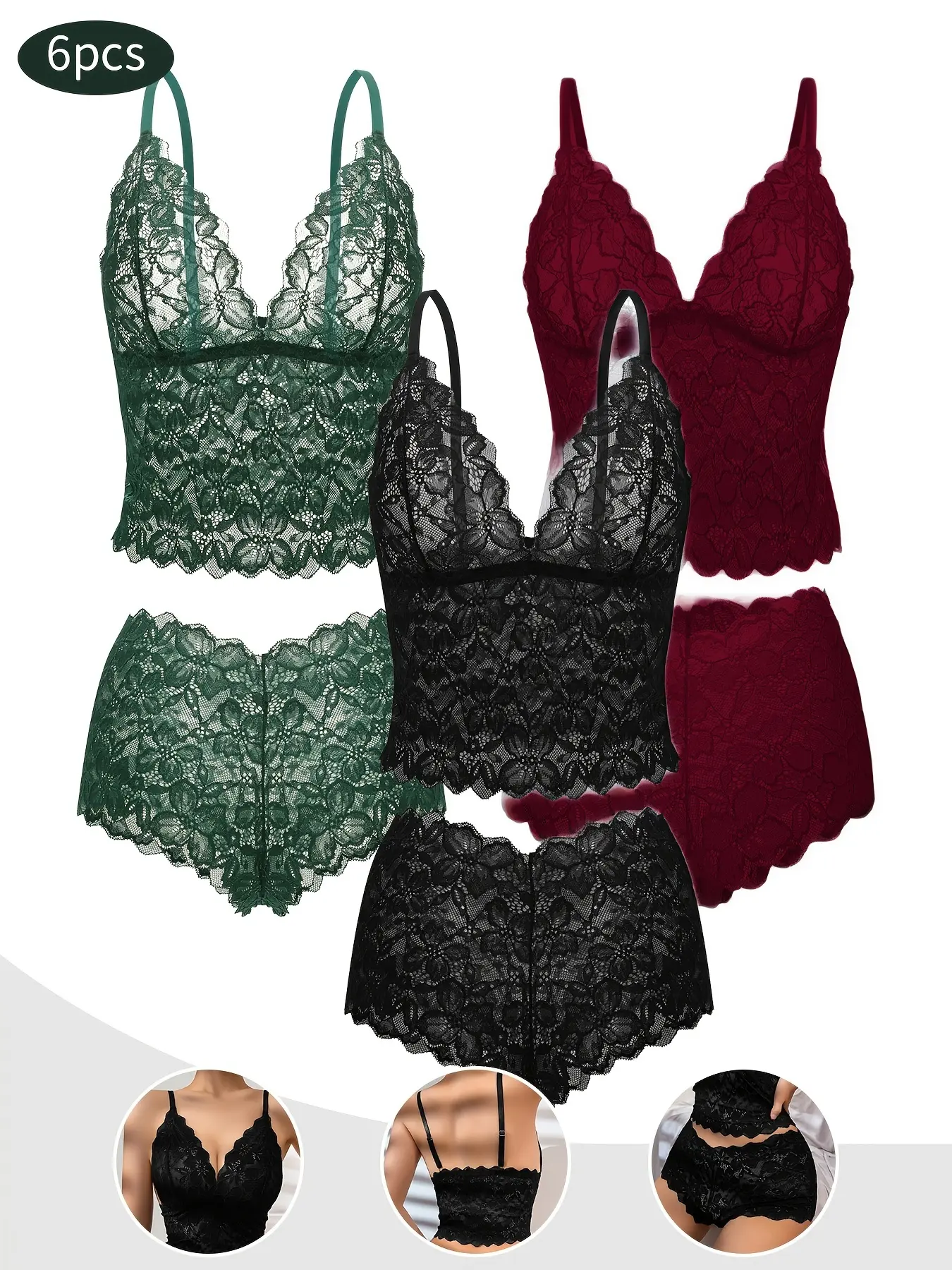 Three-piece lace color-blocking set in black, red, and green, with floral prints. Breathable, soft, and comfortable, with no underwire and no padding. Comes as a bra and underwear set.