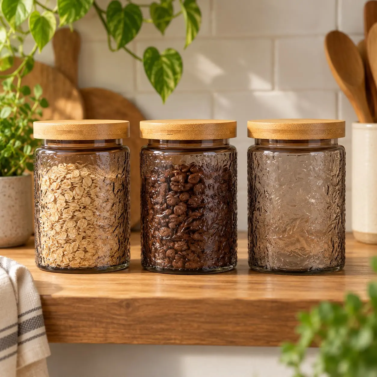 Alta Glass Food Storage Jars with Bamboo Lids, Set of 3, 700ml (23.7 oz) Each, Embossed Smoky Glass Canisters with Airtight Seal, Decorative Kitchen Countertop & Pantry Storage Containers