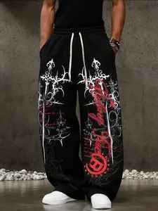 Men's Gothic Thorn Sword Print Wide Leg Sweatpants, Casual Fitted H-Type Winter Sport Pants, Y Culture Loose Straight Tube Pants