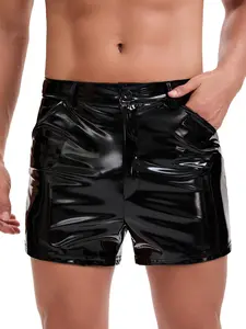 Men's Shiny PU Leather Short Pants Sexy Flat Front Zipper Open Crotch Belted Shorts Casual Pockets Buckled Boxer Clubwear Casual Fashionable Shorts