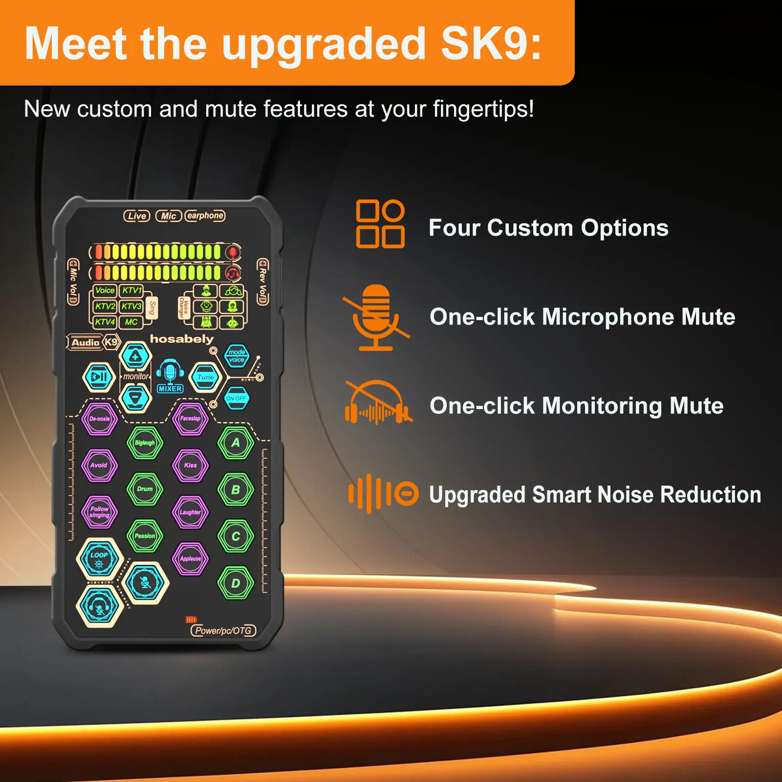 Hosabely SK9 Pro Sound Control Mixer, Podcast Equipment Kit with Voice Changer, 6 Fun Voice Effects, 4 Customizable Sound Pads, 1-Click Noise Reduction, Plug-N-Play External Board for PC/Tablet/Live Streaming