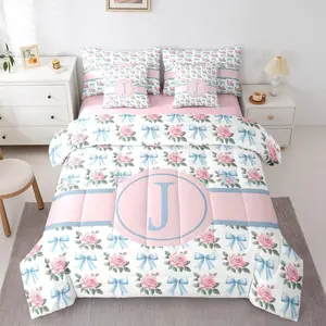 Coquette Bow 7 Piece Bedding Set,Initial Letter J Comforter Set with Sheets Princess Bowknot Blue Alphabet Bed in a Bag Pink Florals Leaves for Kids Girls Women