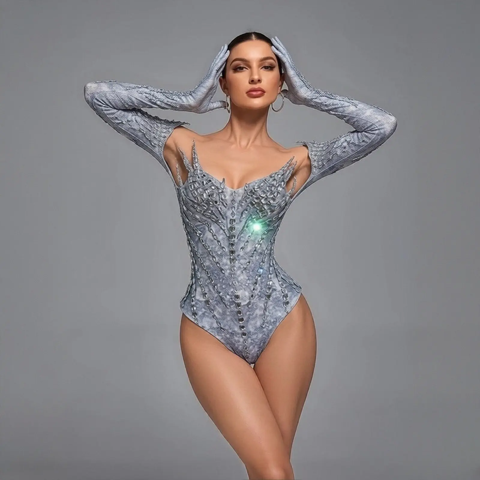 Silver Glitter Corset Long Sleeves Bodysuit Unique Design Spikes Women's Fashion Dance Singer Stage NightClub Costume Sexy Glitter Party Romper Drag Queen Outfit